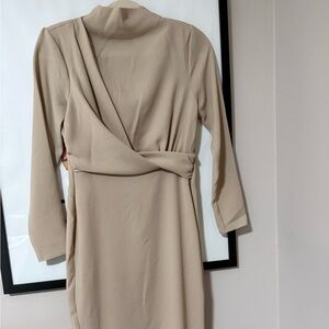 ASOS Beige Long Sleeve Wrap Dress